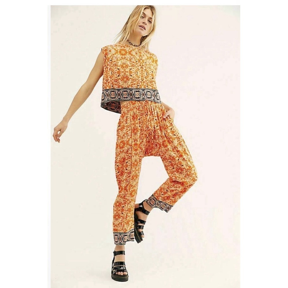 Free People Make My Day Women's Tapestry Floral Print Harem Genie Pants
